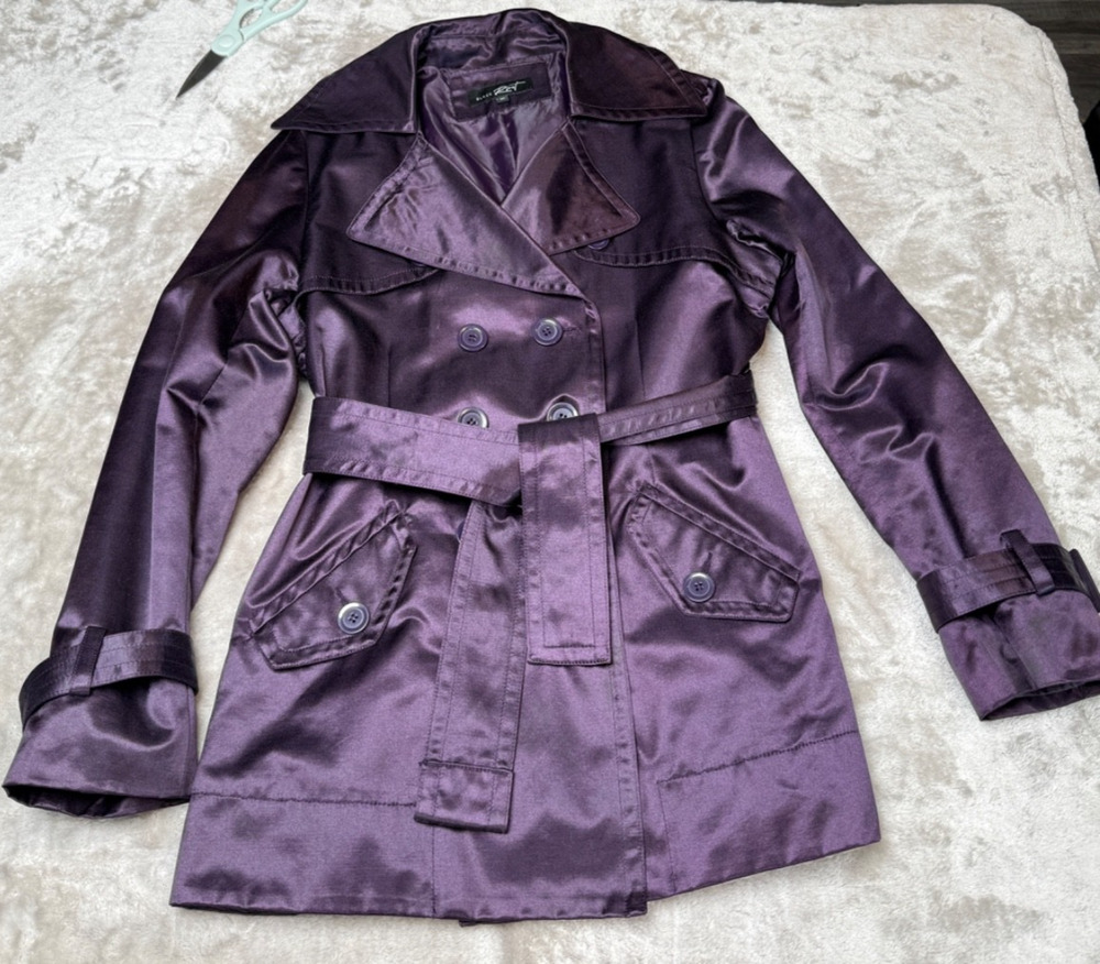 Black Rivet Dark Purple Satin Mid Length Trench Coat Jacket Womens Size XL